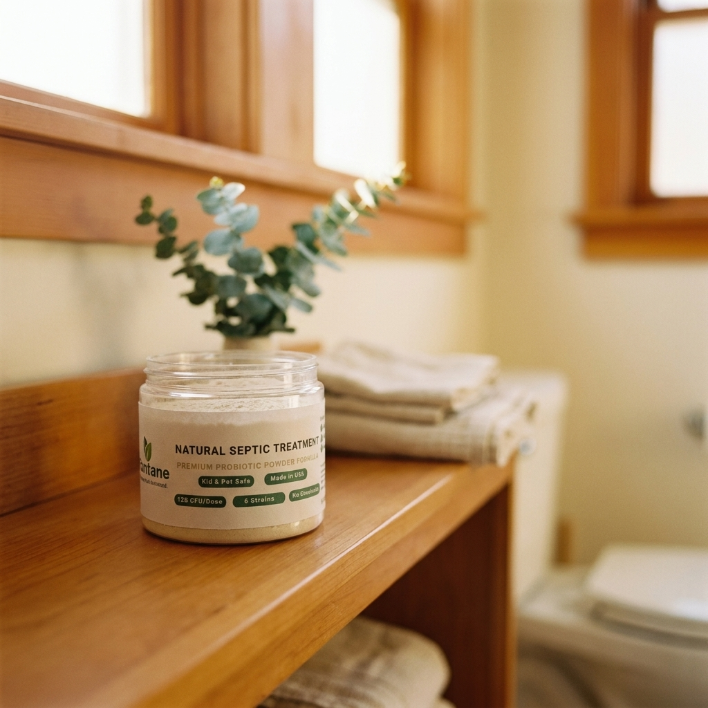 The Maintane jar on a warm wood bathroom shelf, ready for monthly use.