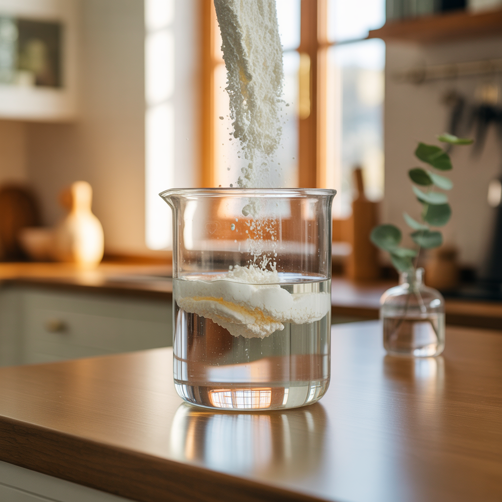 Maintane powder cascading into a glass beaker of water, dissolving to activate live bacterial cultures.