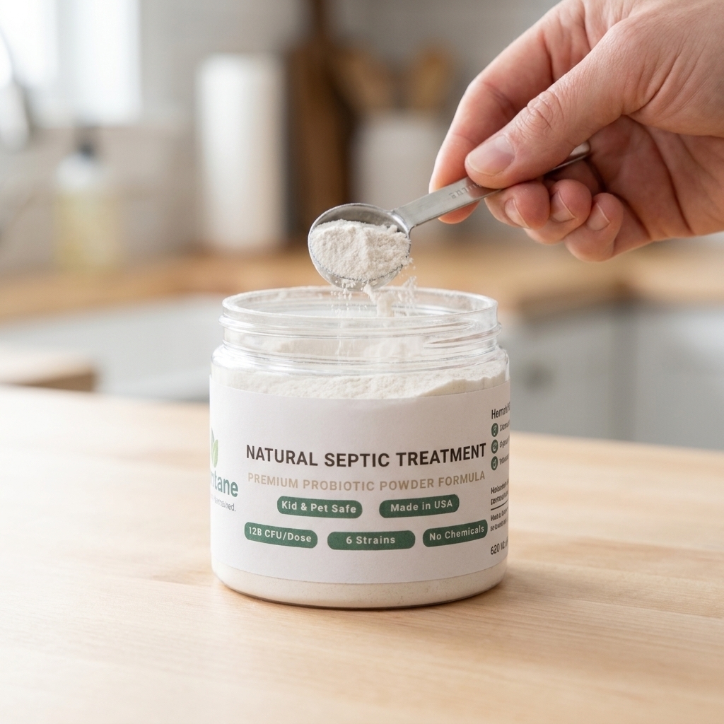 A hand scooping Maintane powder from the jar in a warm, sunlit kitchen.